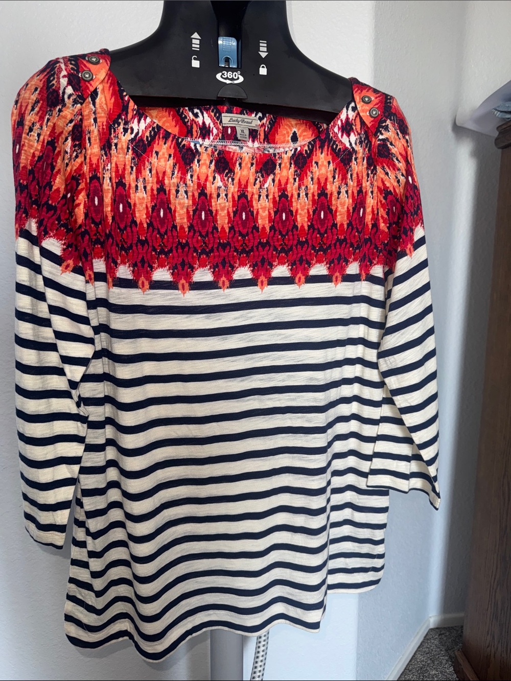 Lucky Brand Navy & White Striped Long-Sleeve Top with Red Patterned Yoke